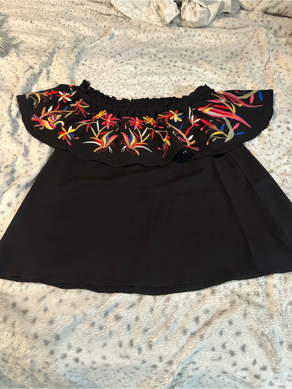 entro Black Off-Shoulder Blouse with Multicolor Floral Embroidery